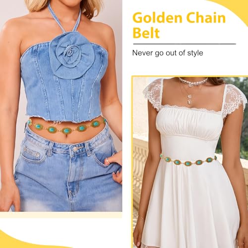 Western Turquoise Waist Chain Belt, Gold Metal Concho Belt for Women, Boho Cowgirl Style, 45.2 Inch Length, for Dresses, Jeans, Country Concerts4