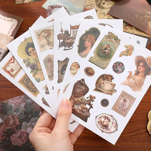 Image of VIBE VISTA Vintage Aesthetic Scrapbook Kit,346 Pcs,A6 Grid Notebook,Washi ,Envelopes, Scrapbook Papers, Folding Labels, Background Papers, Photo Frames, Calendar Stickers, Stickers (Vitorian Brown)