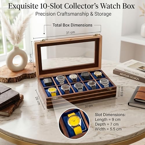 Image of Mens watch box, Watch display case, Indian Rosewood watch box organizer for men, Velvet lining glass lid, Solid Gift for Him, Made for Special Occasions (Dark brown - 10 room - 2)