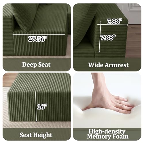Image of 118 inch Modular Sectional Sofa with Chaise and Ottoman, Oversized U-Shaped Corduroy Cloud Couch, Deep Seat Boneless Couch for Living Room, No-Assembly - Green (Right Facing Chaise)