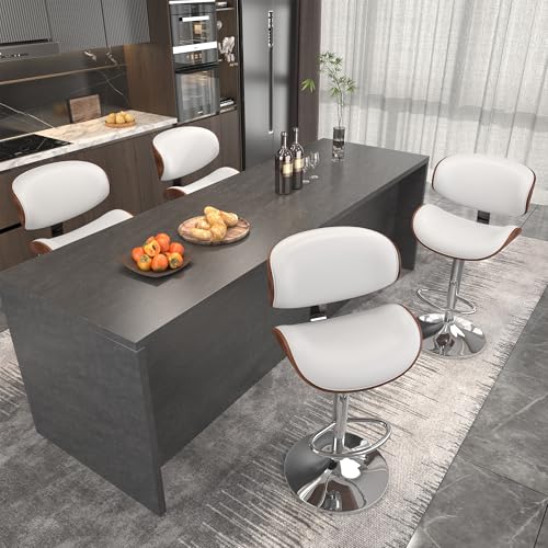 Image of YaFiti Bar Stools Set of 4, Bar Stools for Kitchen Island with Bentwood Back and Leather Seat, Swivel Barstools for Kitchen Counter, Bar, White