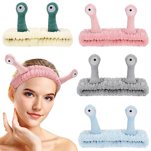 DragonflyDreams 4 Packs Snail Head Bands Headband for Washing Face Snail Spa Hair Bands Skincare Makeup Headbands Women Cartoon Cute Coral Fleece Elastic Headband Creative Hair Accessories for Women