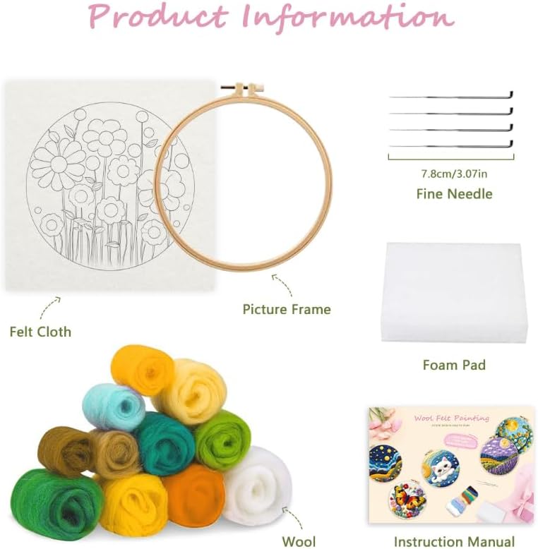 羊毛フェルトキット, 花と風景 ニードルフェルトセット, ウールフェルト刺繍 キットにはフェルトウール, フェルトマット, フェルト