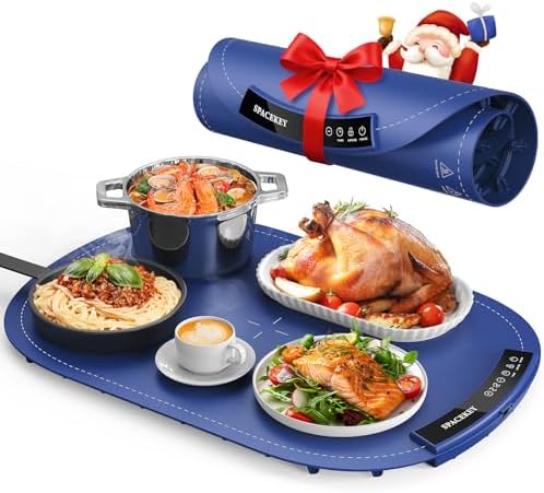 Warming Mat for Food - Roll Up Silicone Electric Warming Tray Full Surface Even Heating with 7 Temp Setting, 4 Hours Auto-Off, Raised Feet Protects Countertop, Food Warmers for Parties Buffet