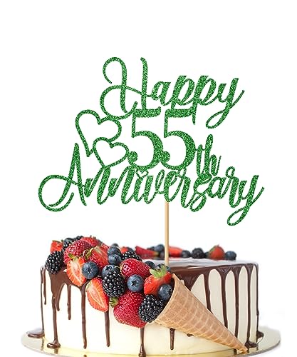 Crseniny 55th Anniversary Cake Topper - 55th Birthday & Wedding Anniversary Decoration Supplies (Green Glitter)