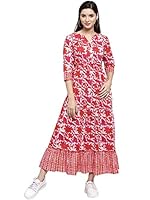 INDIBELLE Women's Cotton Abstract Print 3-Tiered A-Line Dress (Red, XXXXX-Large)