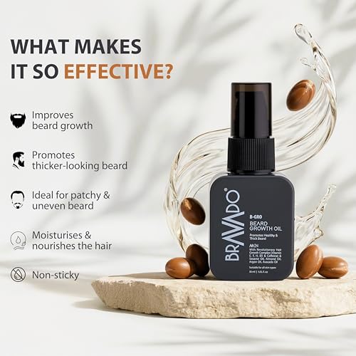 Image of BRAVADO B-Gro Beard Growth Oil for Men 30ml | Beard Oil for Thick Beard, Softness & Beard Nourishment | Natural Beard & Mustache Oil