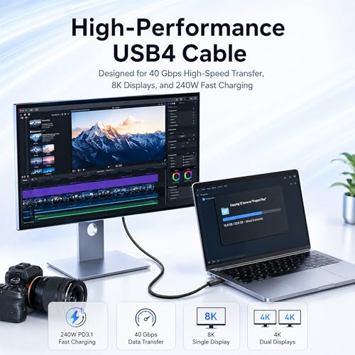 Image of USB4 Cable for Thunderbolt 4, Braided USB C to USB C Cable, 40Gbps Data Transfer, 240W Fast Charging, 8K Display, Compatible with MacBook, iPad Pro, iPhone 16 /17, SSD, Docking (9.8FT)