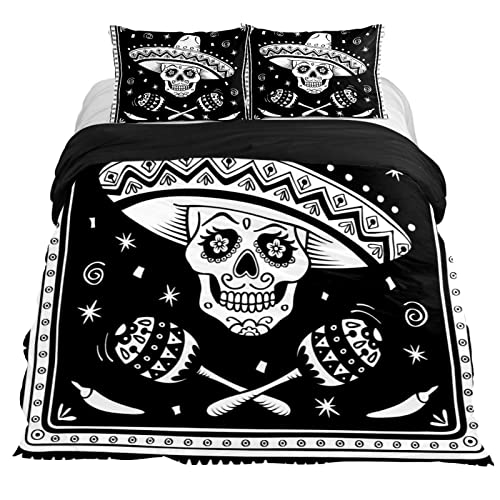 Duvet Covers Set King Mexican Hat Sugar Skull - Soft And Breathable Microfiber Comforter Bedding Set With Zipper Closure For Kids Women Men, 1 Duvet Cover 2 Pillowcase #TOP4
