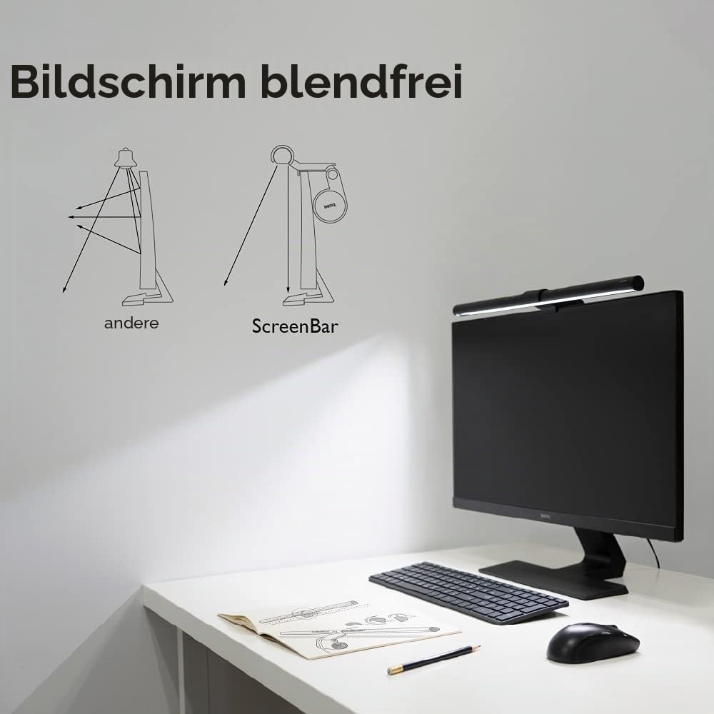 BenQ ScreenBar LED Monitor Lampe Monitor Light Bar Schreibtisch Bildschirmlampe, automatisches Dimmen, Farbton-Anpassungsfunktionen, Augenschonend, Bildschirm Kein Blenden oder Flimmern, USB Aufladen