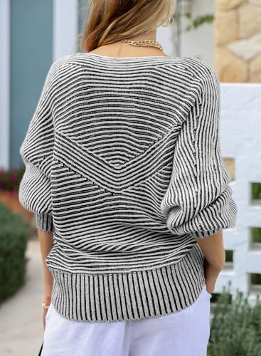 Image of EVALESS Striped Sweaters for Women Boat Neck Batwing Sleeve Oversized Pullover Sweater Tops Womens Fall Clothes Outfits