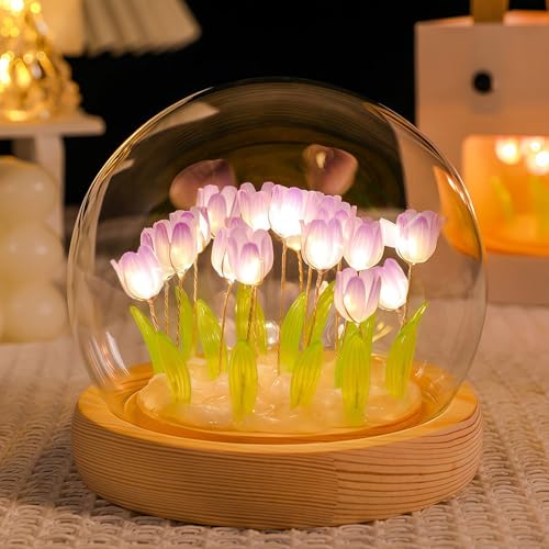 AWSOLAR Violet Lumières Tulipes, Lampe Tulipe avec 13 Tulipes Lumineuses et Socle en Bois, Cadeau...