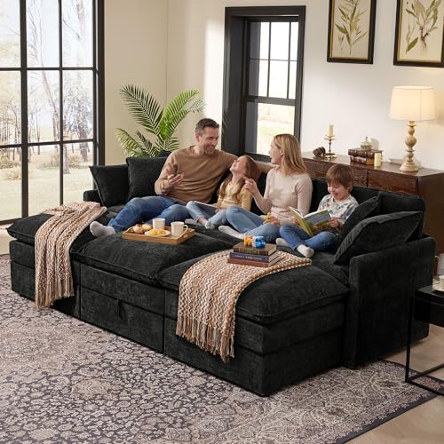 Image of Ihanherry Oversized Sectional Sofa Bed with Storage, 103 inch 6-Seater Modular Cloud Couch with Movable Ottomans, Chenille Deep Seat Sleeper Couches for Living Room (Black)