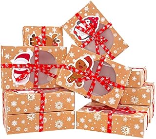 ELCOHO 12 Pack Kraft Christmas Cookie Boxes Bakery with Clear Window Candy Treat Boxes Holiday Xmas Gift Bags Paper Gift Boxes for Party Supplies, 6 Style
