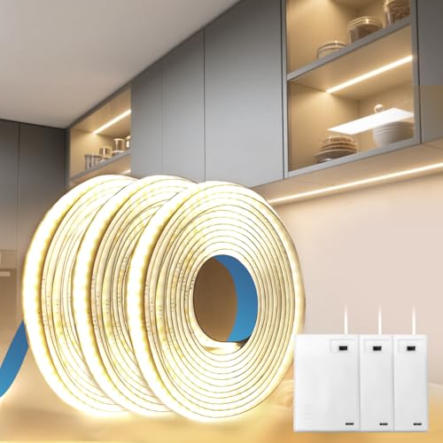 BRIMETI Ruban LED Pile COB 3x1M 4000K Blanc Naturel 320LEDs/M 5V Alimentée à Batterie Bande LED Autocollant Flexible Éclairage Découpable Meuble Chaussure Chambre Cuisine Armoire Escalier Décoration