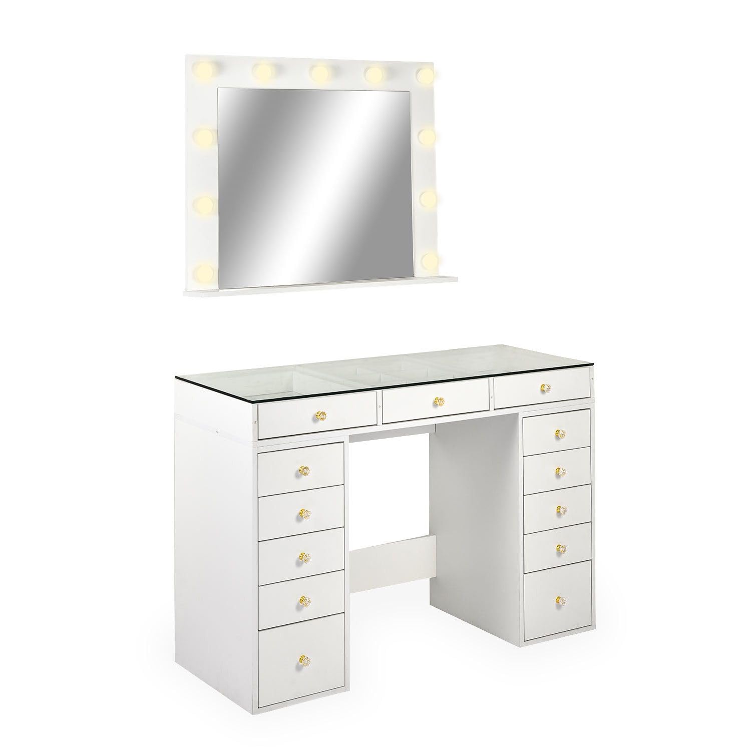 Menzzo Coiffeuse Probeauty 120 cm avec Miroir LED Lumineux – 13 tiroirs – Plateau en Verre – Table de Maquillage Design Moderne avec Grand Rangement – Meuble Coiffeuse Blanc