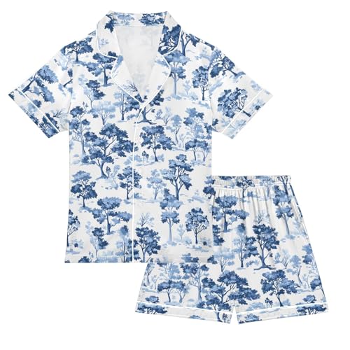 Blue Forest Tree Pajamas Sets Short Sleeve Silk Stain Pjs Button Down Sleepwear for 5-14Y