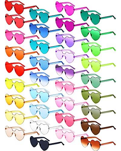 Konohan 36 Pairs Heart Shaped Rimless Sunglasses Bulk Trendy Frameless Transparent Candy Color Fun Sunglasses Eyewear for Women Men, Party Favor