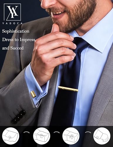 YADOCA Tie Clip Cufflinks Set for Men Necktie Tie Bar Clips Business Shirts Tuxedo Wedding Gift with Box Silver-tone Gold-tone Black2