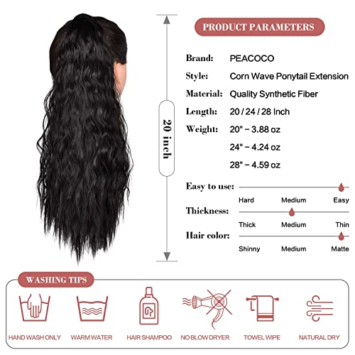 Long Corn Wave Ponytail Extension, PEACOCO 20 Inch Wrap Around Ponytail for Black Women Heat Resistant Synthetic Magic Paste Ponytail Hairpiece ( 2# )