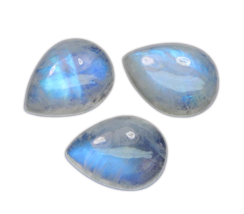 12x16mm Calibrated Pear Shape Blue Fire Natural Rainbow Moonstone AAA Quality Cabochon Loose Gemstone 3 pcs Box., 12x16mm, Gemstone