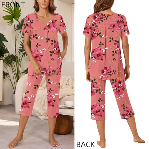 Image of Bestbee Women's Pajama Sets 2 Piece Lounge Outfits Summer Sleepwear V Neck Short Sleeve Capri Pant With Pockets Ladies Pjs