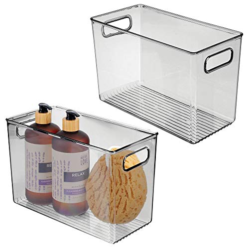 Preisvergleich Produktbild mDesign 2er-Set Ablagebox mit integrierten Griffen transparente Aufbewahrungsbox mit ansprechendem Design ideal zur Kosmetikaufbewahrung im Bad dunkelgrau