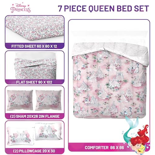 Image of Disney Princess Queen Comforter Set 7 Piece Floral Bedding for Girls, Pink | Cinderella Rapunzel Belle, Comforter Sheets Shams Pillowcases, Official Product, Microfiber, Machine Washable, Girls Gift