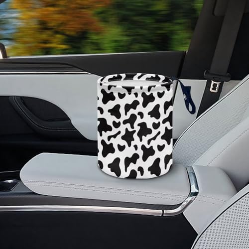 Image of Renewold Waterproof Car Trash Can, Fashion Cow Print Black White, Collapsible Garbage Bin with Button Strap, Storage Organizer Bag, SUV Van Sedan Truck Accessories for Men and Women