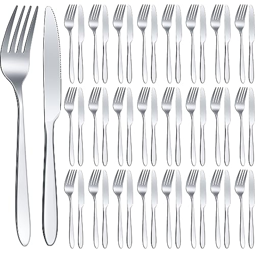 Nuenen 50 Pieces Stainless Steel Forks Silverware Set Dinner Forks and Knives Flatware Tableware Cutlery Set for Kitchen Restaurant(7.1 x 1 Inch, 8.4 x 0.7 Inch,Silver)