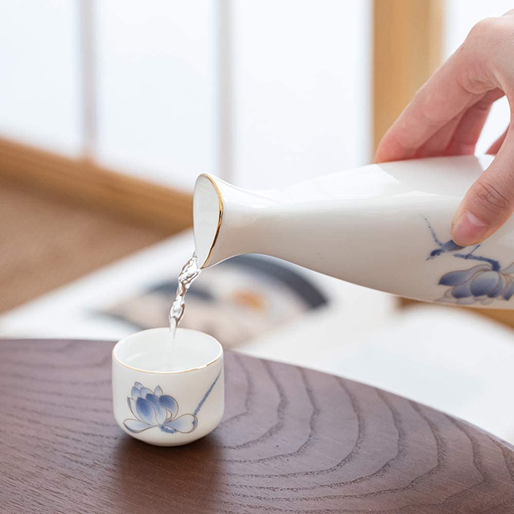 Tasse à saké Traditionnelle, Verres à vin en céramique, Service à saké Blanc Traditionnel en céramique, 7 pièces, Comprenant 1 Pot et 6 Petites Tasses à saké (Blanc Pur)