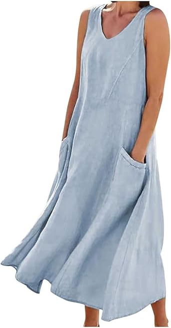 Women Casual Solid Dress Round V Neck Sleeveless Pocket Dress Splice Loose 2XL