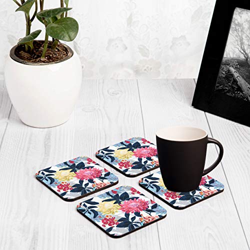 Image of Wooden Coaster Set with Gift Box | Mia Floral Design | Set of 4 Tabletop Square Coasters 3.75 inch x 3.75 inch | Kitchen Table Wooden Decorative Items | for Cups, Mugs, Cans, Glasses