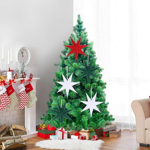 Image of 12 Inches 5 PCS Red Green White Paper Star Lanterns Hanging Stars Christmas Party Decorations Hanging Lampshade Christmas Wedding Birthday Christmas Home Party Decorations(7 Pointed)