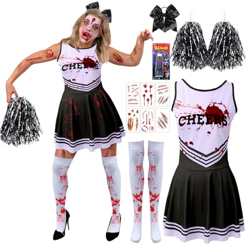 Moiuguli Cheerleader Kostüm Damen, Horror Cheerleader Kostüm, Zombie Cheer-leader Damen mit Cheer-leader Pom Poms Haarband Socken Narben Tattoo...