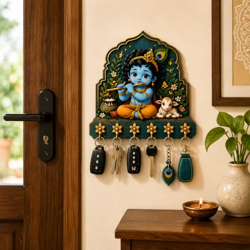 Image of Radha Krishna Key Holder for Wall, 10X10 Inches | 5 Metal Hooks, Premium Wooden, Spiritual Wall Decor, Home Entrance Living Room Office