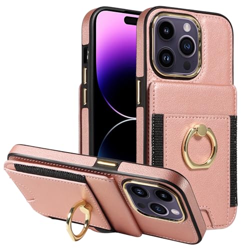 Étui portefeuille iPhone 14 Pro cuir or rose rabat porte-cartes anneau 360