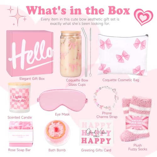 Gift Baskets for Women, 9pcs Birthday Gifts for Teenage Girls, Best Christmas Ideas Box w/Coquette Bow Aesthetic Cup Trendy Stuff for Her Teen Girl Sister Friend Friendship Sweet 16th 18th 21st Bday - Image 3