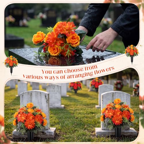 Image of 4 Set Fall Cemetery Flowers for Grave Artificial Dahlia with Vase