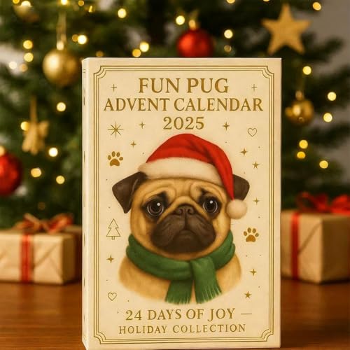 Mops Adventskalender 2025, 24 Tage Weihnachten Adventskalender mit niedlichen Mops Hund hängende Ornamente, lustige 24 Tage Countdown bis Weihnachtskalender, Feiertagsdekorationen Geschenk für