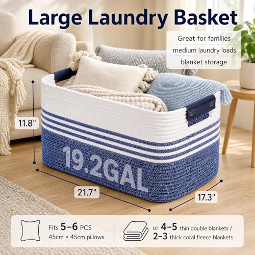 Image of Cotton Rope Laundry Basket Large, 19.2GAL Collapsible Woven Storage Baskets for Living Room Kids Toys Stuffed Animal,Boho Rectangular Decorative Short Hamper for Dirty Clothes, Blankets Denim Blue