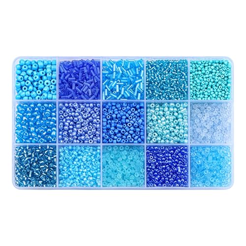 15-Grid Blue Glass Seed Beads, Small Embroidery Tube Beads Kits, Bugle Assortment Opaque Colour with Storage Organiser for Adults DIY Enthusiasts Bracelet Necklace Crafting