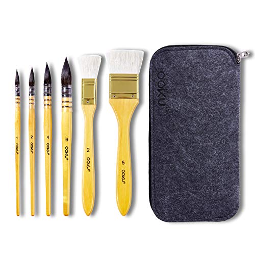 OOKU Professional Quill Brushes Watercolor Set 6 Pc | 4 Real Squirrel Hair Blend Round Watercolor Brush w/2 Wool Broad Brush | Wash/Mop Brush for Artists Painting Brush, Art Painting, Gouache w/Pouch