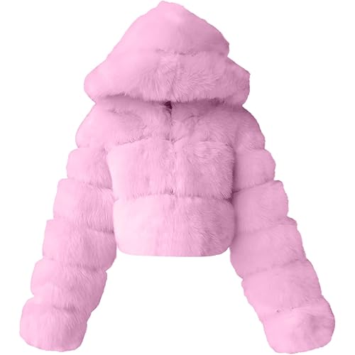 iQKA Women Short Faux Fur Coat Cropped Fluffy Jacket Hooded Winter Warm Fuzzy Splicing Jackets Long Sleeve Outerwear