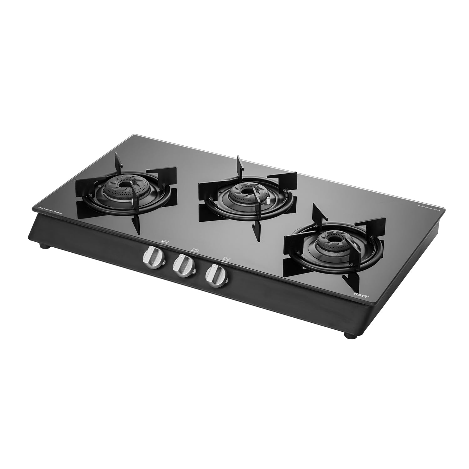 KAFF CBP 713BAI Glasstop Gas Stove 3 Burners with Auto Ignition 71 CM, Uniquely Designed 3 Brass Burners Coated in Black, Matt Enameled Pan Support, Metal Knobs (CBP 71 3B AI, Black)
