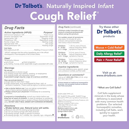 Image of Dr. Talbot's Infant Cough Relief with Cell Salts - 4 fl oz - Naturally Inspired Kids Cough Medicine - Elderberry Juice Flavor - Includes Syringe