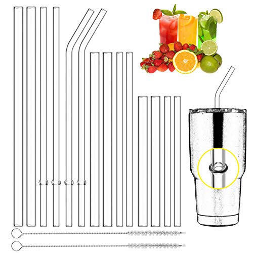 Qisiewell Reusable Glass Drinking Straws – 14 x Straws 3 x Lengths 2 x Thickness 2 x Sisal Cleaning Brushes – Smoothie Straws for Milkshakes, Frozen Drinks, Bubble Tea, Fruit Juice