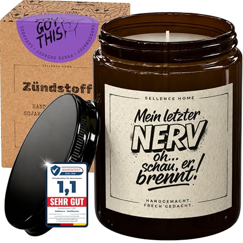 ZÜNDSTOFF Duftkerze im Glas mit Spruch Mein letzter Nerv | 70 Std Brenndauer | inkl Geschenkbox | lustige Geschenke für Frauen Männer Freundin Mama Oma | Muttertag | Sojawachs | Duft Lavendel