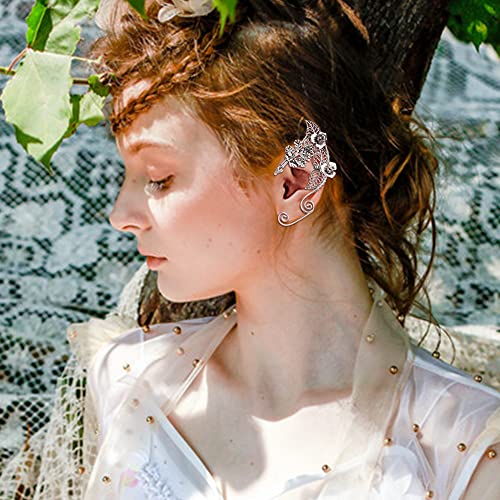 Sailimue Elf Ear Cuffs Handmade Clip-On Earrings Handcraft Hollowed Leaf Pearl Beads Wing Tassel Filigree Elf Ear Jewelry For Fantasy Fairy Ears Elven Cuff Wrap Earrings Halloween Cosplay Costum #TOP4