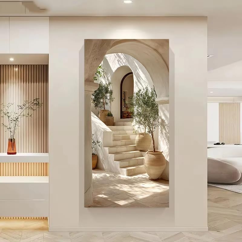 Lienzo con diseño de olivo mediterráneo de gran tamaño y escalones, moderno paisaje isleño en beige y blanco, póster artístico para pared para decoración del hogar 100x200cm/39x79in Sin marco